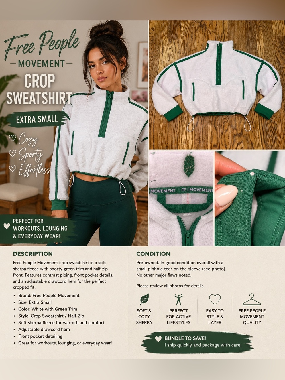 Free People Movement Sherpa Fleece Crop Half Zip Sweatshirt White Green XS
